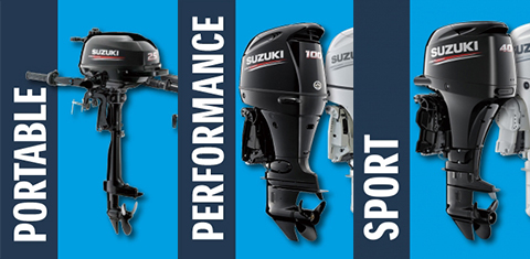 Différentes gammes de moteurs Suzuki, portable, performance et sport. Sur fond bleu